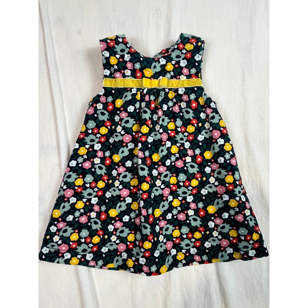 Baby Boden Girls Green Floral Corduroy Dress Yellow Velvet Bow 6-12 Months